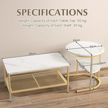 Set of 2 Nesting Coffee Table with Extra Storage Shelf for Living Room-Golden