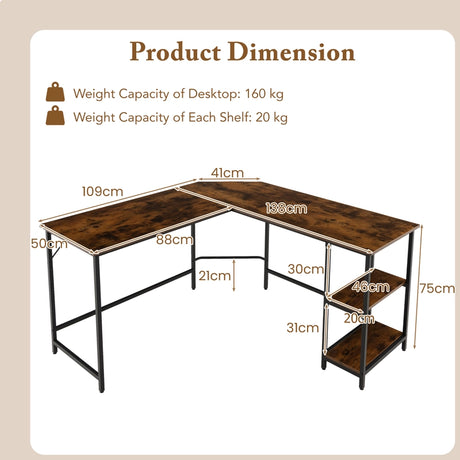 L-Shaped Desk with 2-Tier Storage Shelf for Home