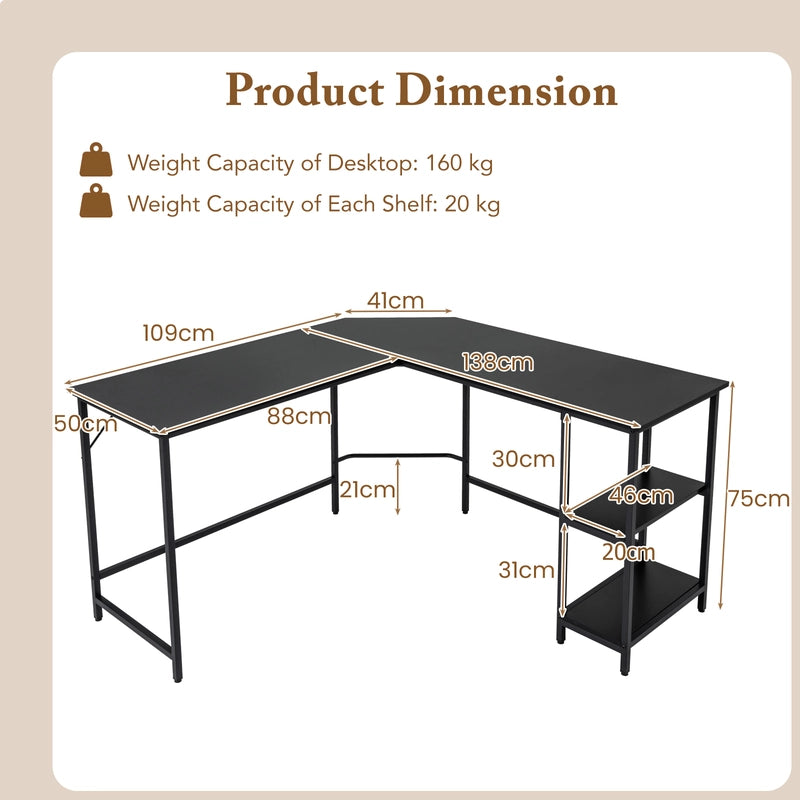 L-Shaped Desk with 2-Tier Storage Shelf for Home-Black