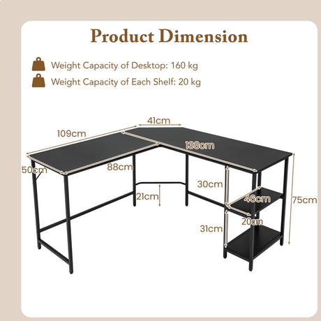 L-Shaped Desk with 2-Tier Storage Shelf for Home-Black