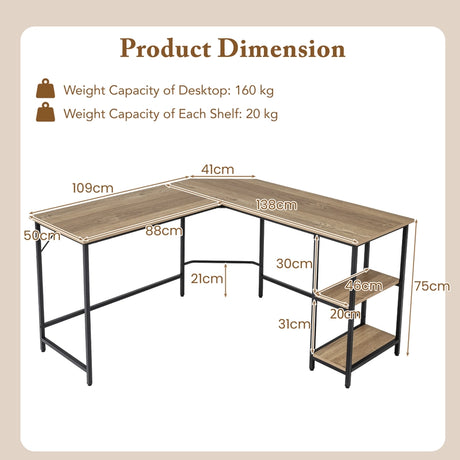 L-Shaped Desk with 2-Tier Storage Shelf for Home-Rustic Brown