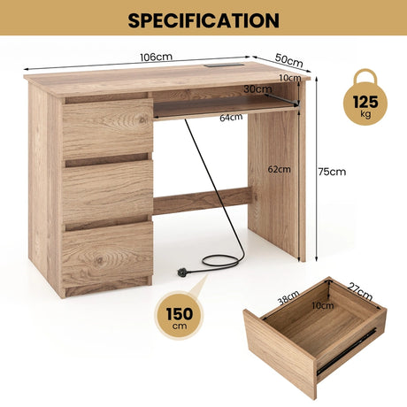 Computer Desk with Power Outlet and 3 Large Drawers-Natural