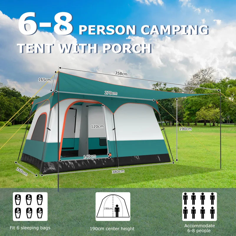 6-8 Person Camping Tent with Double Rooms and 2 Doors-Green