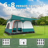 6-8 Person Camping Tent with Double Rooms and 2 Doors-Green