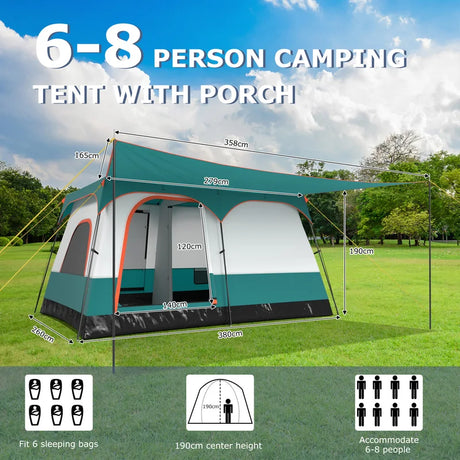 6-8 Person Camping Tent with Double Rooms and 2 Doors-Green