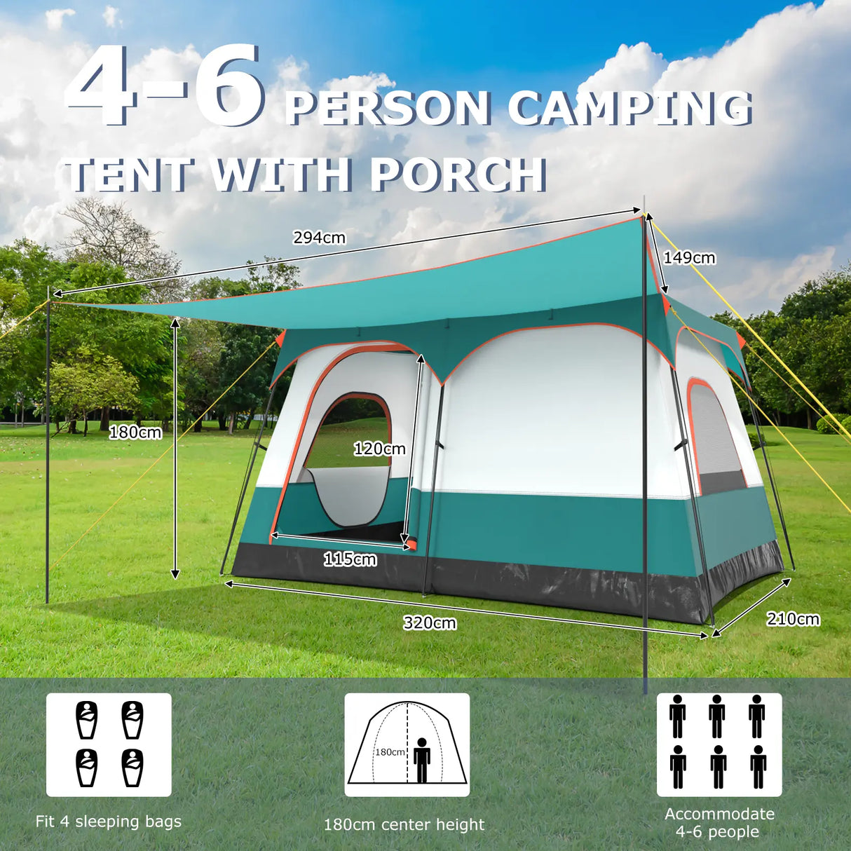 6/8/10-Person Camping Tent with Porch and Rainfly-S