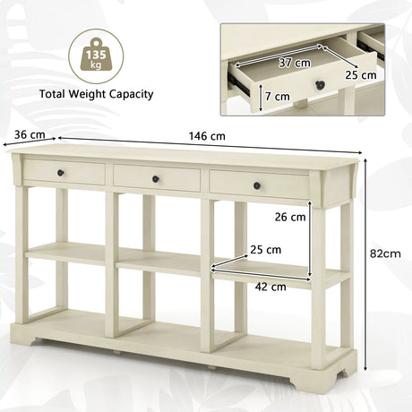 Retro Console Table with 3 Drawers and Open Shelves-White