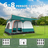 6-8 Person Camping Tent with Double Rooms and 2 Doors-Green