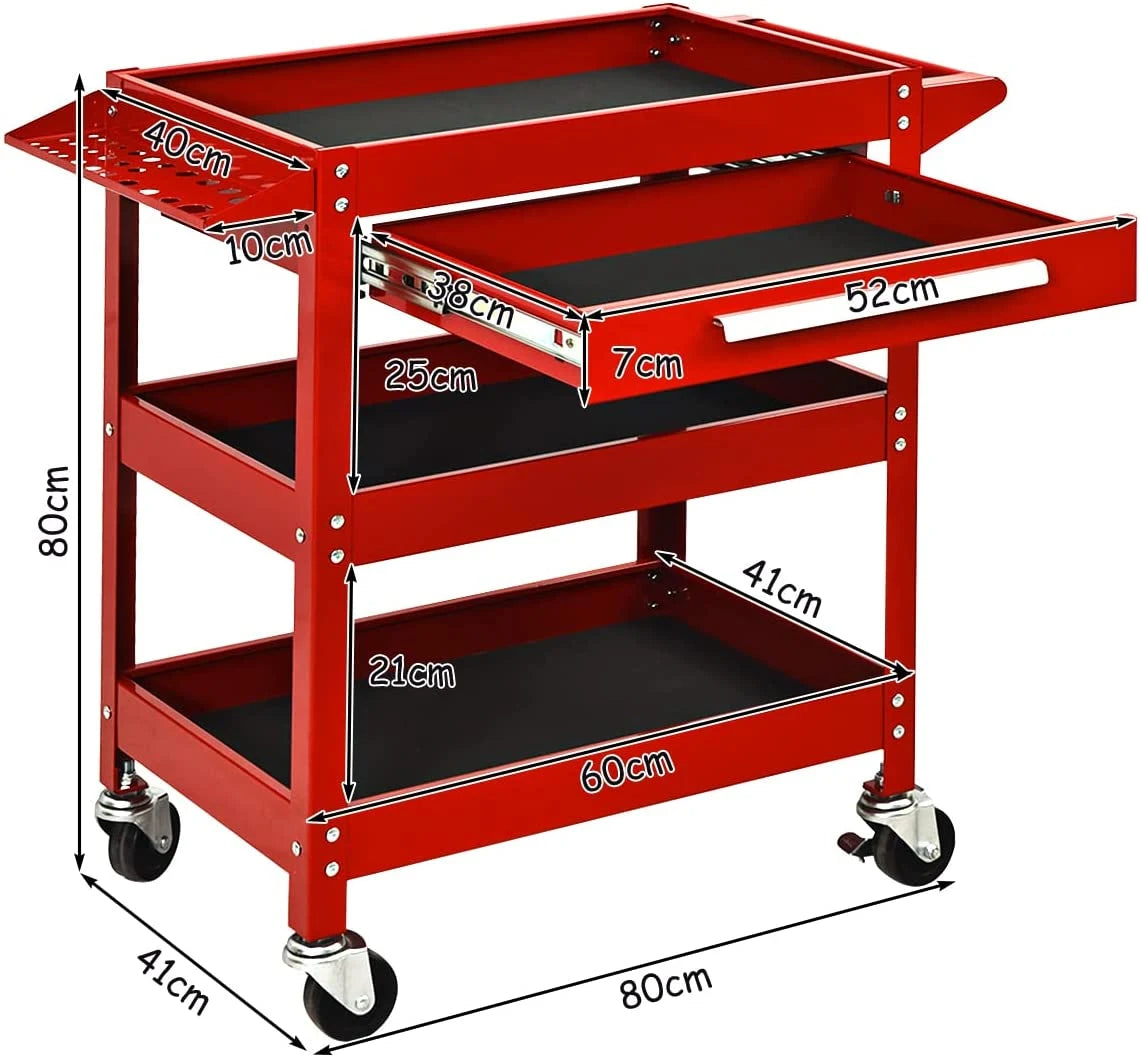 3-Tray Rolling Utility Cart with Drawer and Wheels for Garage and Warehouse-Red