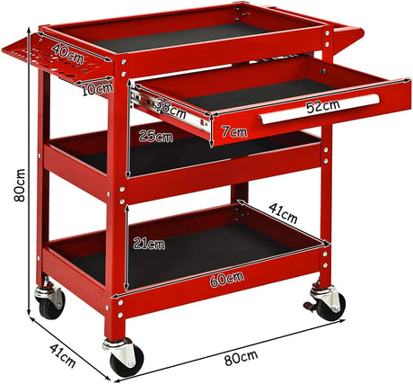 3-Tray Rolling Utility Cart with Drawer and Wheels for Garage and Warehouse-Red