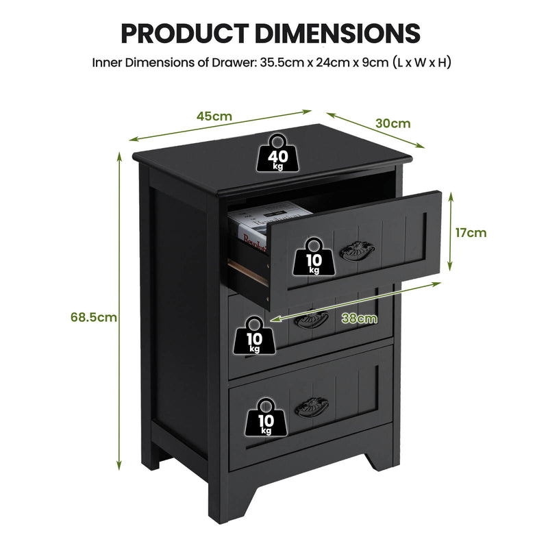 3-Drawer Vintage Bedside Table with Metal Handles &amp; Anti-toppling Device-Black
