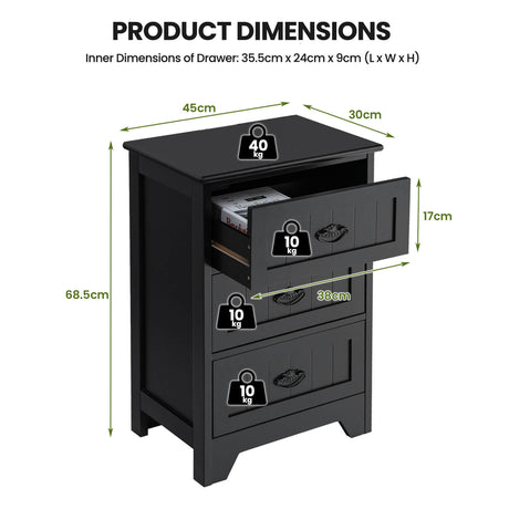 3-Drawer Vintage Bedside Table with Metal Handles &amp; Anti-toppling Device-Black