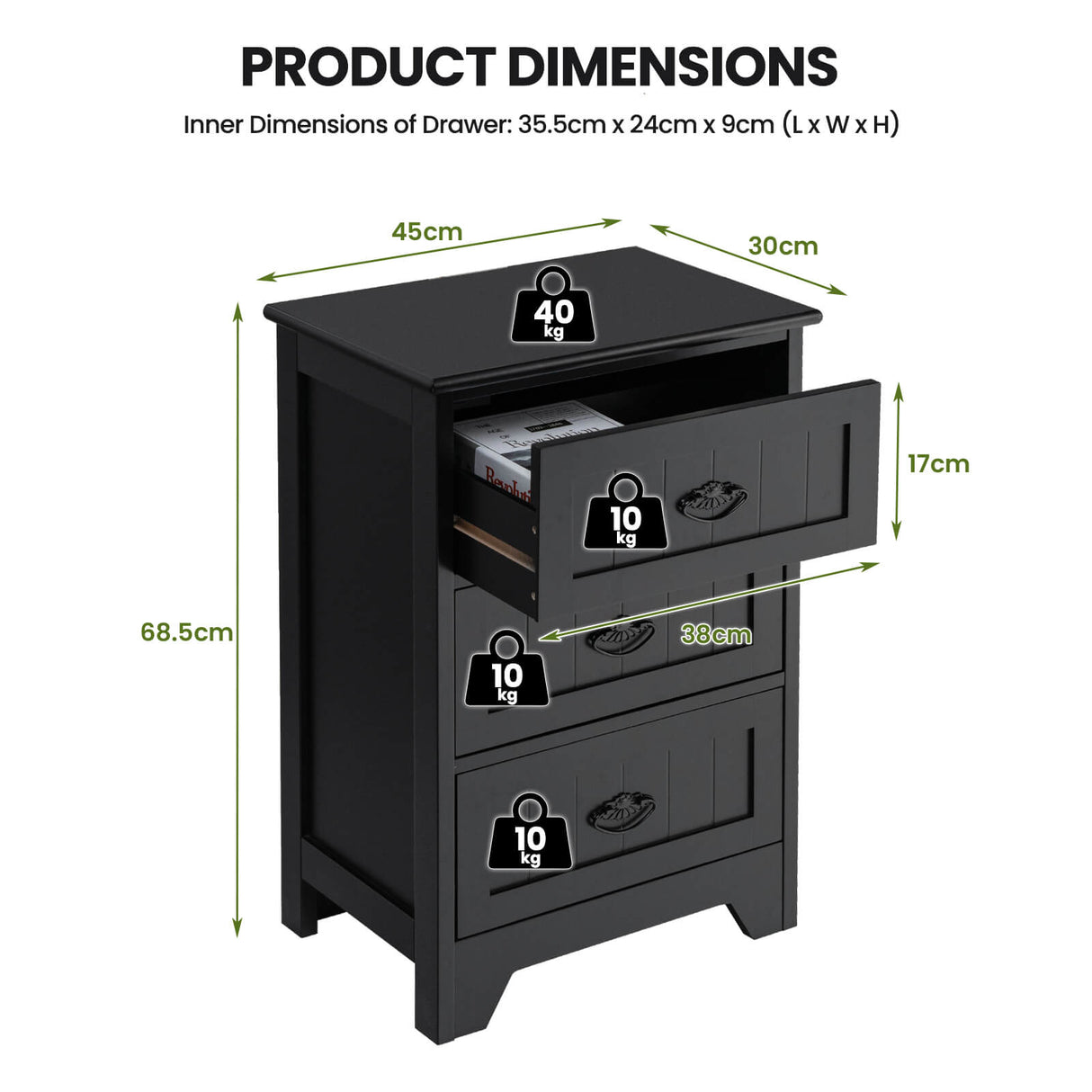 3-Drawer Vintage Bedside Table with Metal Handles &amp; Anti-toppling Device-Black