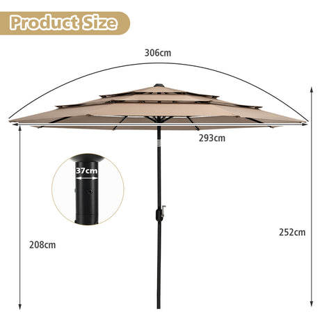 3 Meter Double Vented Outdoor Umbrella with Push Button Tilt and Manual Crank-Coffee