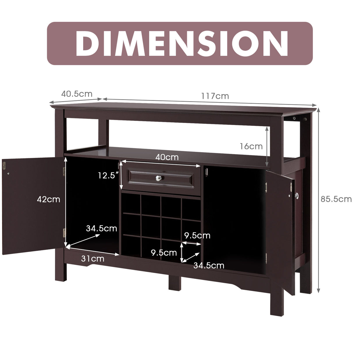 Modern Dining Buffet Cabinet with Wine Rack &amp; 2 Cabinets &amp; Drawer-Coffee