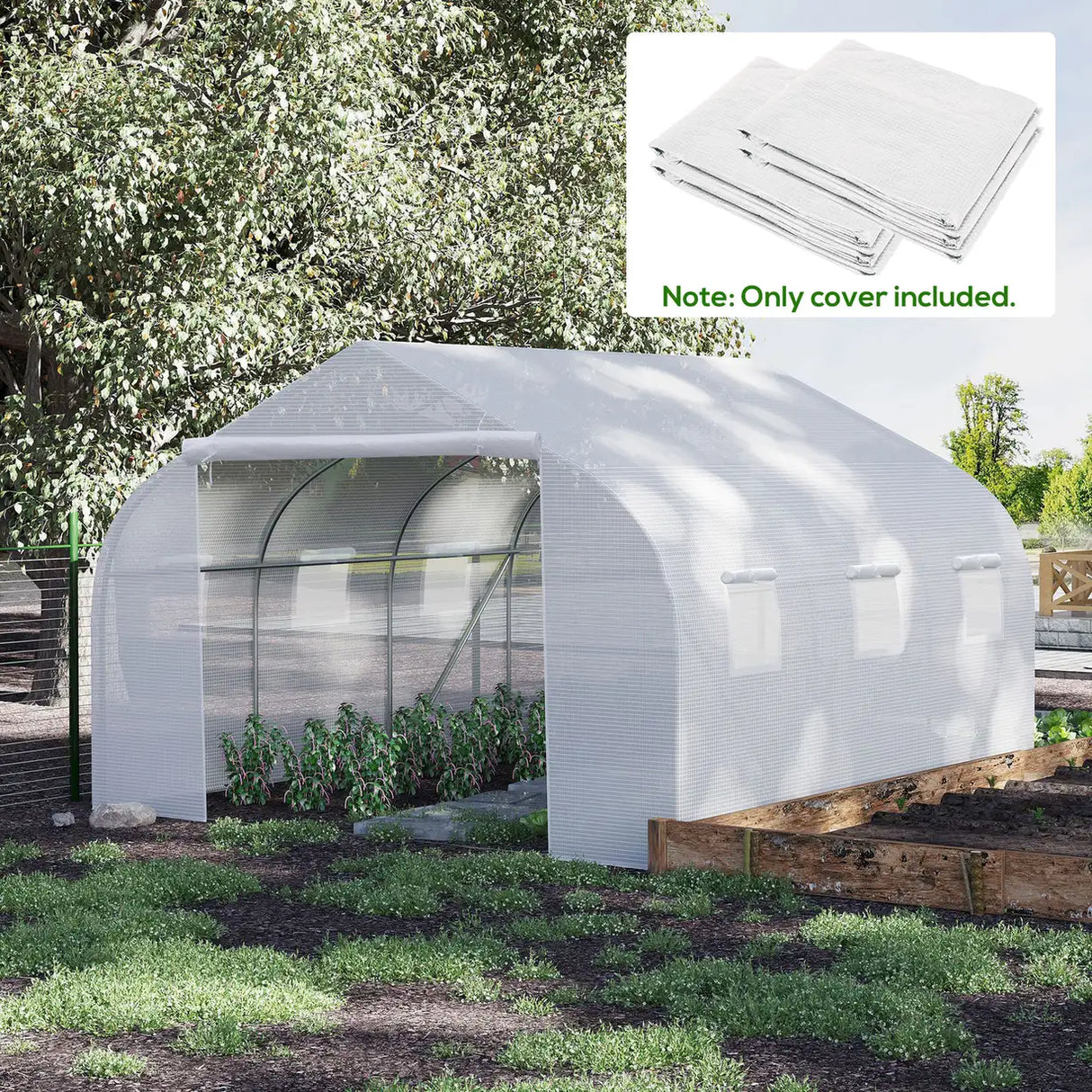 Outsunny Walk-In Tunnel Greenhouse with Replacement Cover, Outdoor Growhouse with PE Cover, Roll Up Door and 6 Windows, 4.5 x 3 x 2 m, White