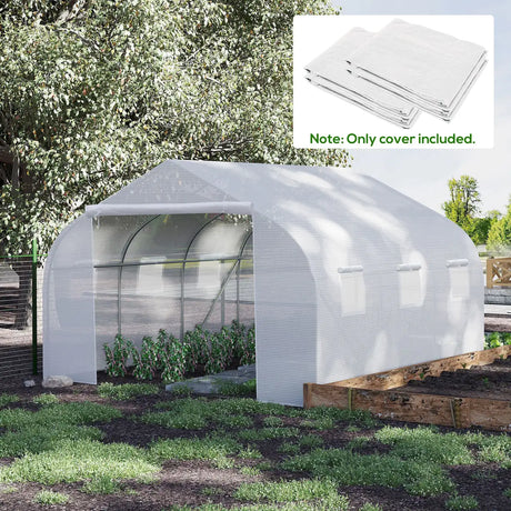 Outsunny Walk-In Tunnel Greenhouse with Replacement Cover, Outdoor Growhouse with PE Cover, Roll Up Door and 6 Windows, 4.5 x 3 x 2 m, White