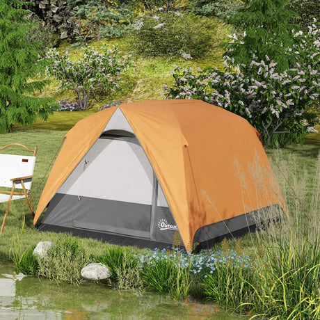 Outsunny 3-4 Person Camping Tent, Easy Set Up Waterproof Dome Tent with Sewn-in Groundsheet, Mesh Windows, Pocket and Hook for Camping, Hiking, Backpacking, Orange and Grey