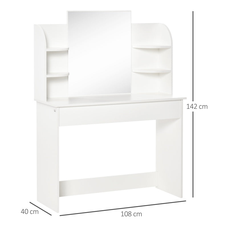 HOMCOM Modern Dressing Table Writing Desk W/ Mirror, Big Drawers, 2-Tier Open Shelf For Home Bedroom White