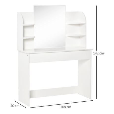 HOMCOM Modern Dressing Table Writing Desk W/ Mirror, Big Drawers, 2-Tier Open Shelf For Home Bedroom White