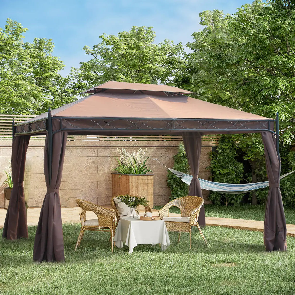 Outsunny 3 x 4m Garden Gazebo, Double Roof Marquee Canopy Shelter with Sidewalls, Solid Steel Frame for Garden, Lawn, Backyard and Deck