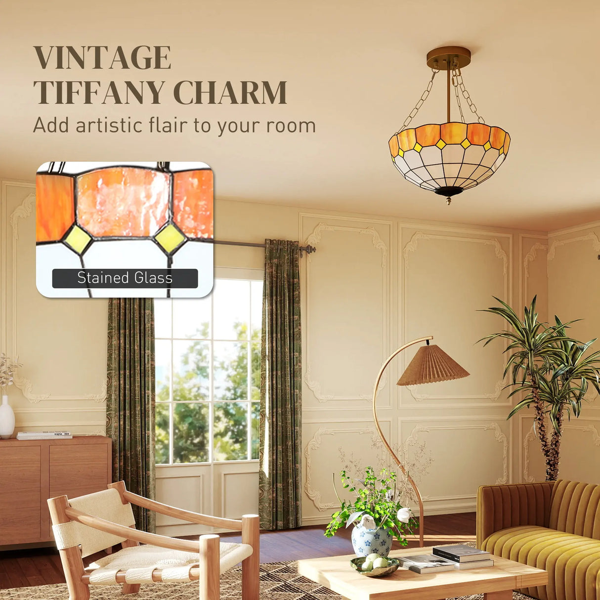 HOMCOM Tiffany Style Ceiling Light, Vintage Chandelier with 3 E27 Sockets, Semi Flush Mount for Living Room, Bulbs Not Included