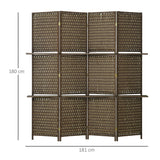 HOMCOM 4-Panel Room Dividers with Shelves, Wave Fibre Freestanding Folding Privacy Screen Panels, Partition Wall Divider for Indoor Bedroom Office, 180 cm, Brown