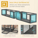 PawHut Cat Tunnel, 250cm Extra Long Wooden Cat Play Tunnel with 8 Doors, L-shape/Rectangle, Outdoor Cat Enclosures, Dark Grey
