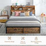 HOMCOM Industrial King Bed Frame, 5.2FT Steel Bed Base with Storage Headboard, Footboard, Slatted Support and Under Bed Storage, 158 x 222cm, Rustic Brown