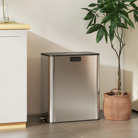 HOMCOM Dual Kitchen Bin with Soft-Close Butterfly Lid, 2 x 28L Stainless Steel Pedal Bin with Removable Inner Buckets, Fingerprint-Proof for Recycling and Waste, Silver Tone