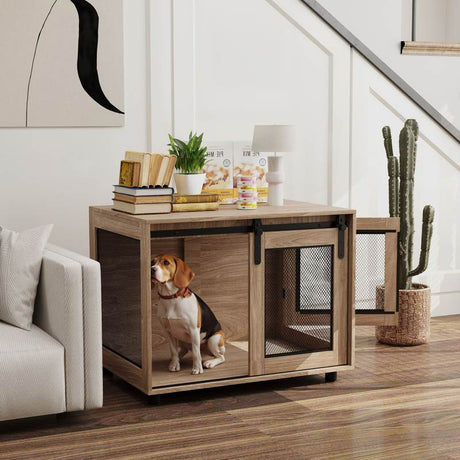 PawHut Dog Crate Furniture with Sliding Door for Medium Dogs, 80 x 58.5 x 63cm, Walnut Brown