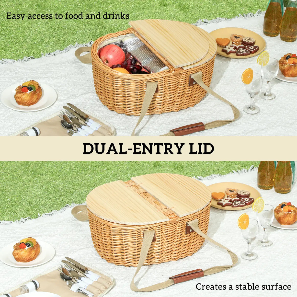 Outsunny Wicker Picnic Basket for 2 with Pine Wood Lid, Picnic Hamper with Cooler Compartment, Cutlery Service Kits, Carry Handle for Camping, Outdoor, Valentine Day, Chirtmas, Birthday, Light Brown