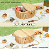 Outsunny Wicker Picnic Basket for 2 with Pine Wood Lid, Picnic Hamper with Cooler Compartment, Cutlery Service Kits, Carry Handle for Camping, Outdoor, Valentine Day, Chirtmas, Birthday, Light Brown
