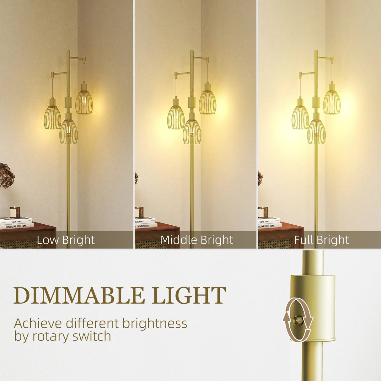 HOMCOM 3-Light Floor Lamp, 170cm Industrial Dimmable Standing Lamp with Steel Wire Cage Lampshades for Living Room, Bedroom, Dining Room, Study, Gold Tone