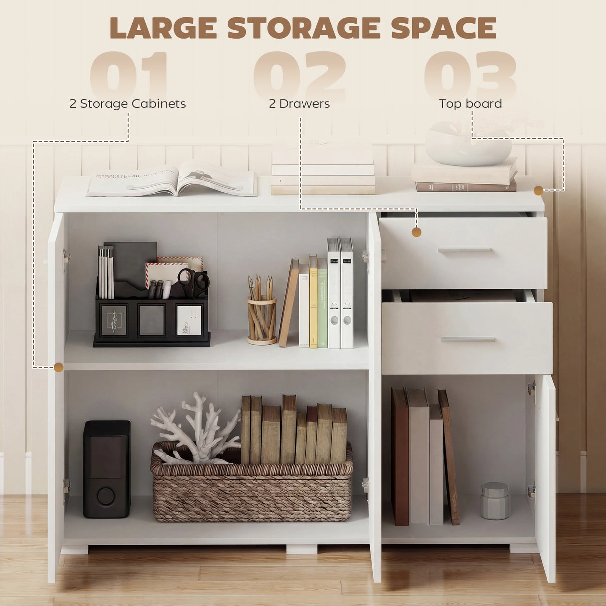 HOMCOM Sideboard, Modern Storage Cabinet with 2 Drawers, 3 Doors and Adjustable Shelves, White