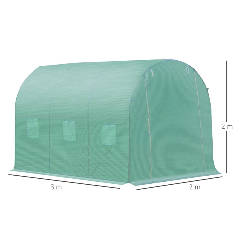 Outsunny Walk-in Polytunnel Greenhouse, Outdoor Garden Tunnel Greenhouse Tent with Zipped Roll-Up Door and 6 Mesh Windows, 3 x 2M