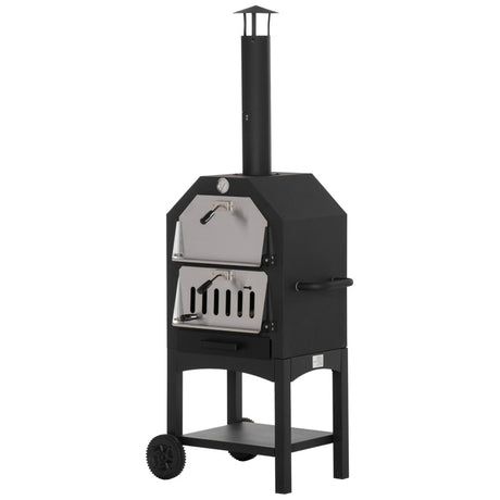 Outsunny Outdoor Garden Pizza Oven Charcoal BBQ Grill 3-Tier Freestanding w/ Chimney, Mesh Shelf, Thermometer Handles, Wheels Garden Party Gathering Stainless Steel Cooker