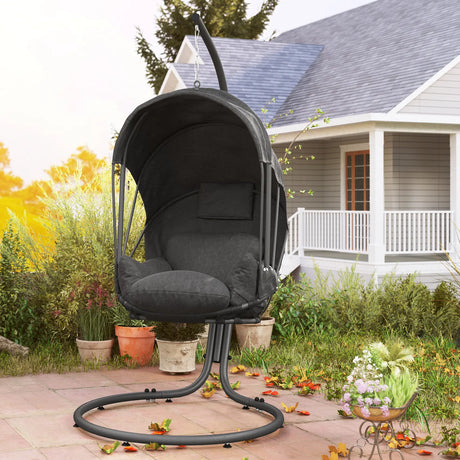 Outsunny Hanging Egg Chair Swing Hammock Chair with Stand, Cushion and Retractable Canopy, for Indoor and Outdoor, Grey