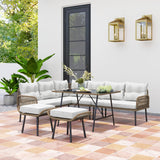 Outsunny 6 Piece Rattan Garden Furniture Set, 8 Seater Garden Corner Sofa with Cushions and Glass Top Table, Sectional Outdoor Furniture Conservatory Set for Patio, Cream White