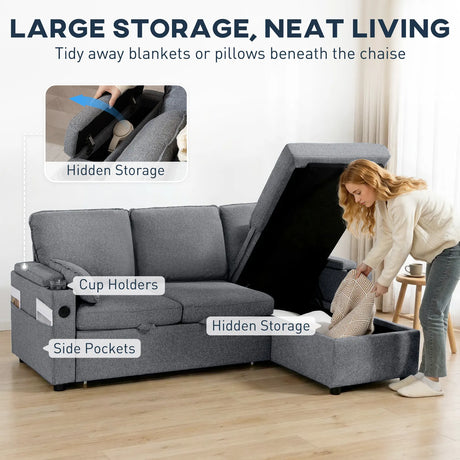 HOMCOM Corner Sofa Bed, L Shaped Sleeper Sectional Sofa with Reversible Storage Chaise, Grey