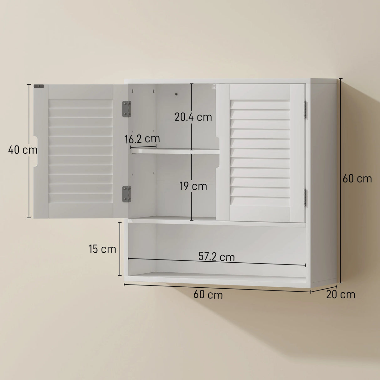 HOMCOM Bathroom Cabinet, Wall Mounted Storage Cabinet with Adjustable Shelves, 60 x 20 x 60 cm, White