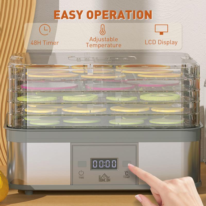 HOMCOM 5 Tier Food Dehydrator, 245W Stainless Steel Food Dryer Machine with Adjustable Temperature, Timer and LCD Display for Drying Fruit, Meat, Vegetable, Jerky and Pet Treat, Grey