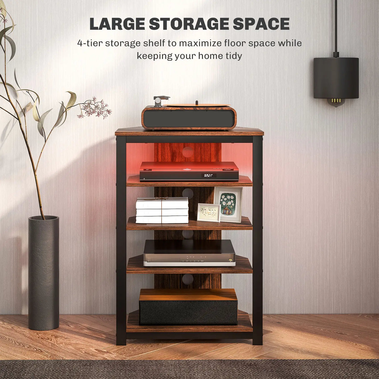 HOMCOM 4-Tier Corner TV Stand with Storage, LED Lights, Cable Management, Small TV Unit Entertainment Centre for TVs up to 29", for Living Room, Bedroom