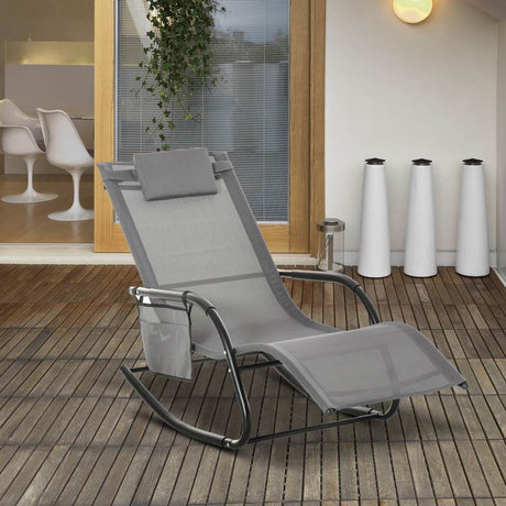 Outsunny Outdoor Garden Rocking Chair, Patio Sun Lounger Rocker Chair with Breathable Mesh Fabric, Removable Headrest Pillow, Armrest, Side Storage Bag, Grey