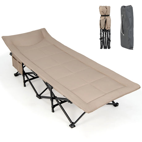 Folding Camping Cot with Carry Bag Cushion and Headrest-khaki