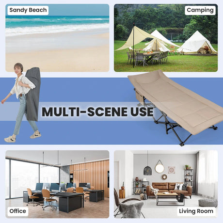 Folding Camping Cot with Carry Bag Cushion and Headrest-khaki