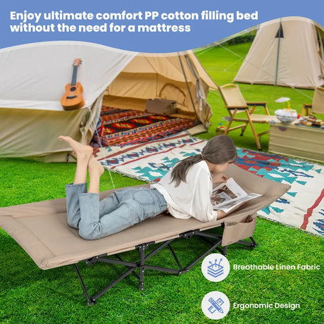 Folding Camping Cot with Carry Bag Cushion and Headrest-khaki