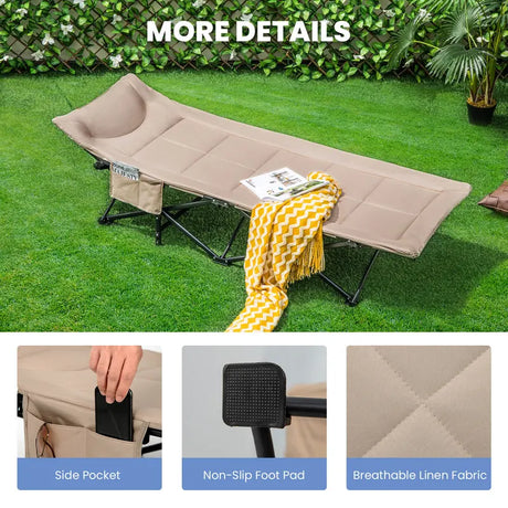 Folding Camping Cot with Carry Bag Cushion and Headrest-khaki