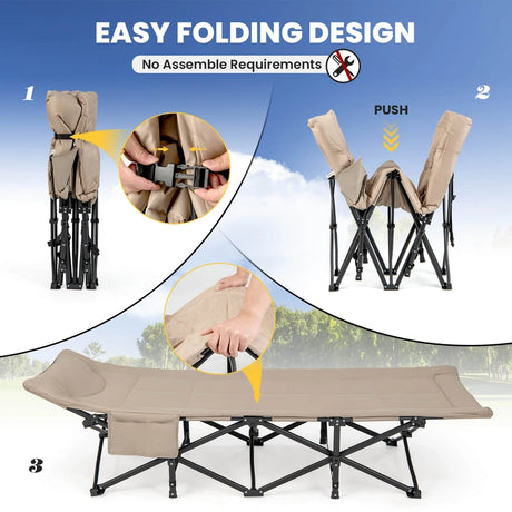 Folding Camping Cot with Carry Bag Cushion and Headrest-khaki