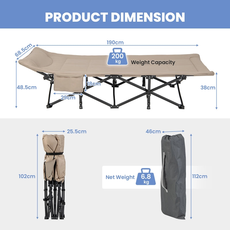 Folding Camping Cot with Carry Bag Cushion and Headrest-khaki
